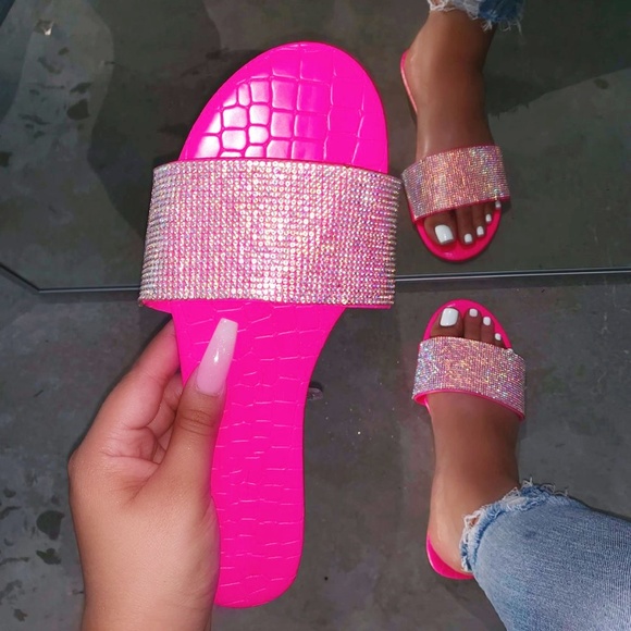 Cape Robbin Shoes - NEW🔥Neon Pink Rhinestone Slides Sandal Flip Flops